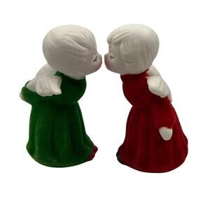 Vintage Set Flocked Kissing Angels Green Red Ceramic Holiday Christmas Figurines